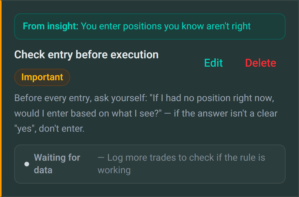 Personal trading rules — critical rules with management and deletion
